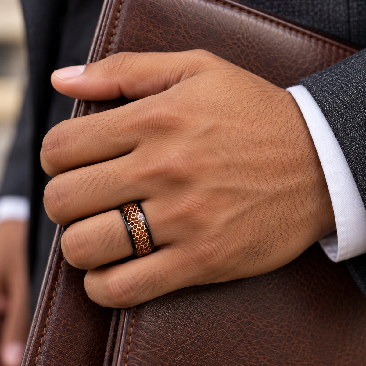 8mm Black Tungsten Band with Imitation-Meteorite Honeycomb Inlay worn on hand lifestyle view — TR965