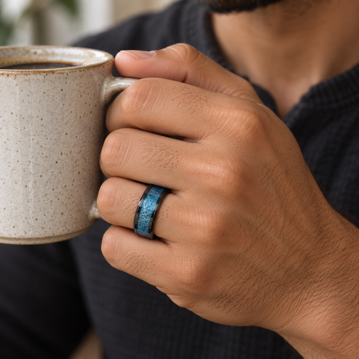 8mm Black Tungsten Band with Red Wood Honeycomb Inlay worn on hand lifestyle view — TR966
