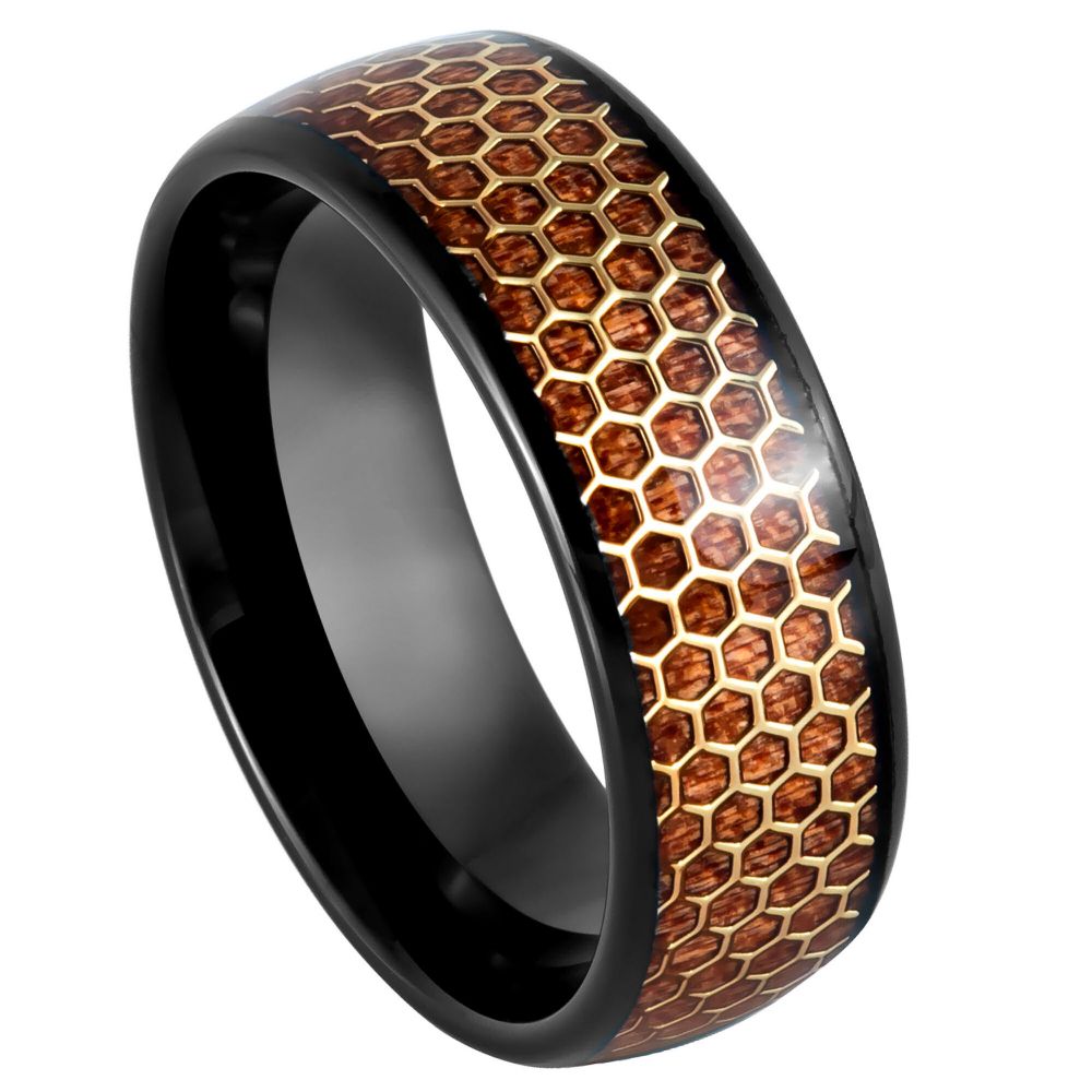 8mm Black Tungsten Band with Red Wood Honeycomb Inlay on white background