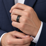 8mm Black Tungsten Band with Carbon Fiber Inlay worn on hand lifestyle view — TR968