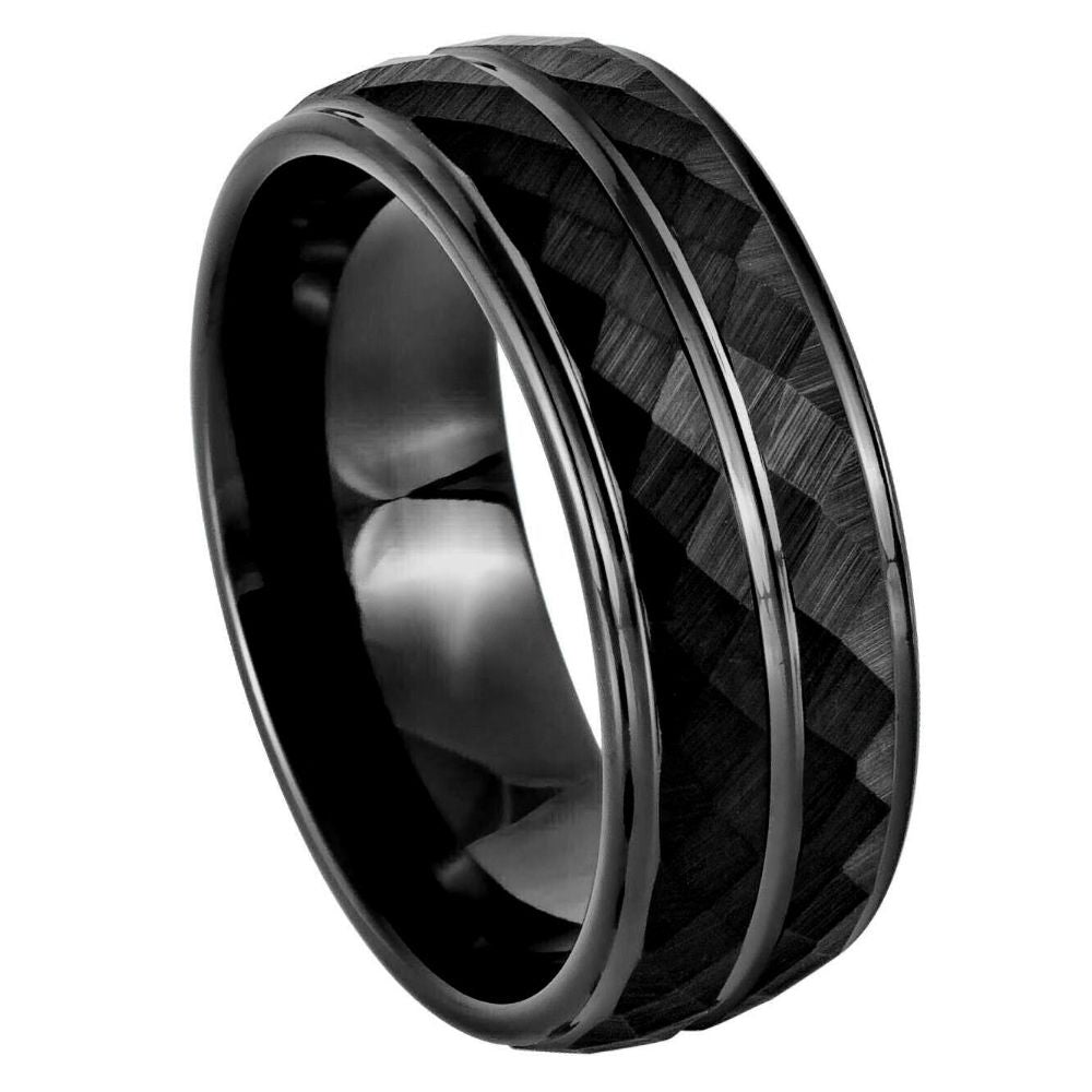 8mm Black Tungsten Band with Carbon Fiber Inlay on white background