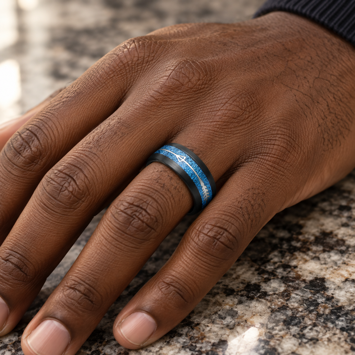 8mm Black Tungsten Band with Blue Meteorite Arrow Inlay worn on hand lifestyle view — TR969