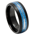 8mm Black Tungsten Band with Blue Meteorite Arrow Inlay on white background
