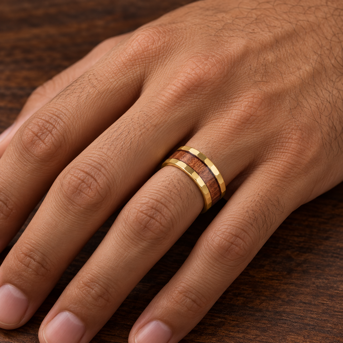 8mm Yellow Tungsten Hammered Band with Koa Wood Inlay worn on hand lifestyle view — TR970