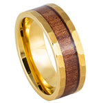 8mm Yellow Tungsten Hammered Band with Koa Wood Inlay on white background