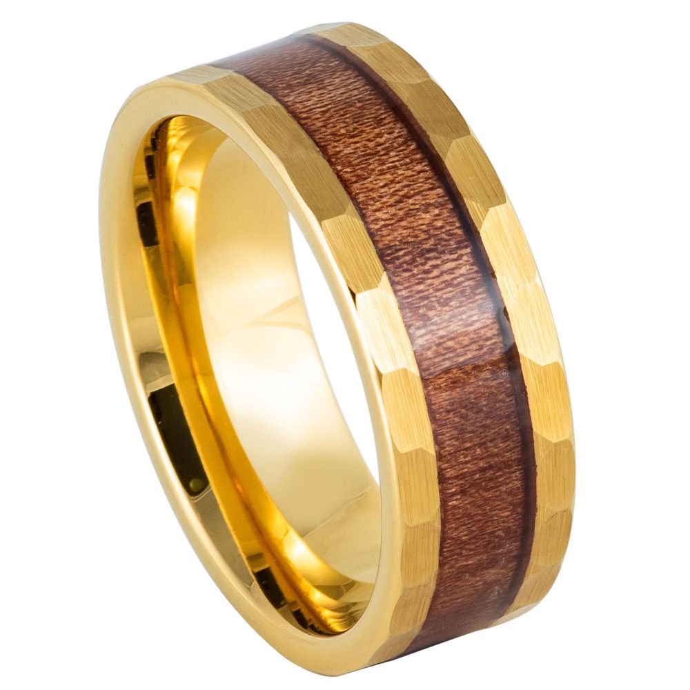 8mm Yellow Tungsten Hammered Band with Koa Wood Inlay on white background
