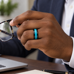 8mm Black Tungsten Band with Blue Turquoise Inlay worn on hand lifestyle view — TR971