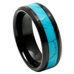8mm Black Tungsten Band with Blue Turquoise Inlay on white background
