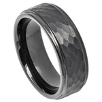 8mm Gunmetal Tungsten Hammered Beveled-Edge Band on white background