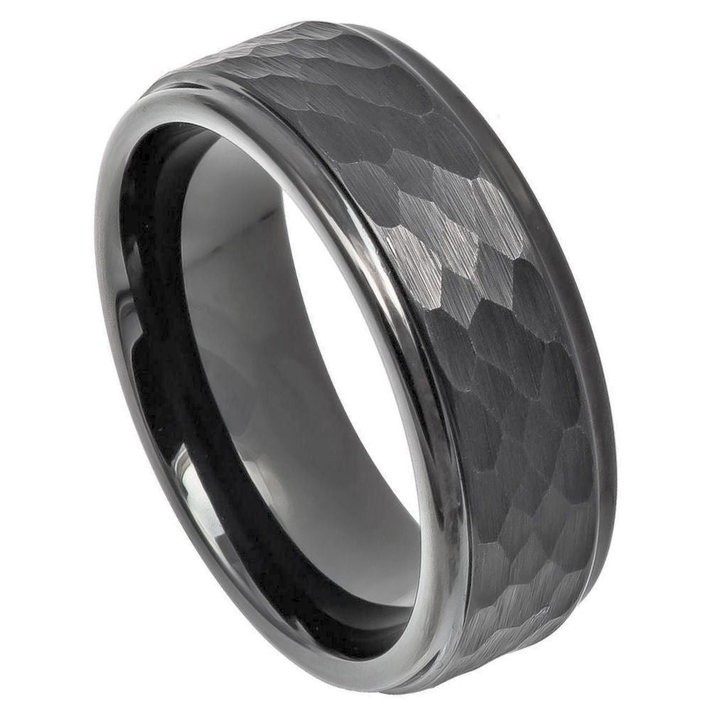 8mm Gunmetal Tungsten Hammered Beveled-Edge Band on white background