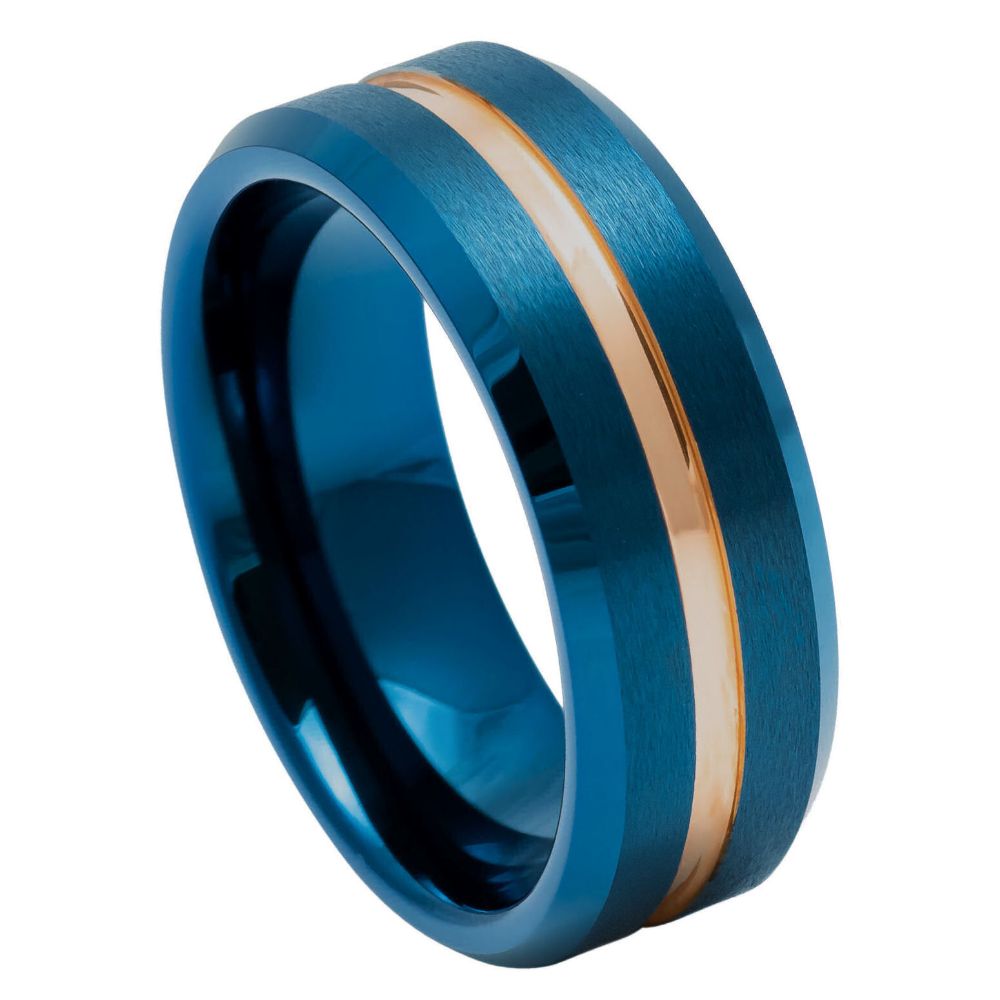 8mm Blue & Rose Tungsten Brushed Center-Groove Band on white background