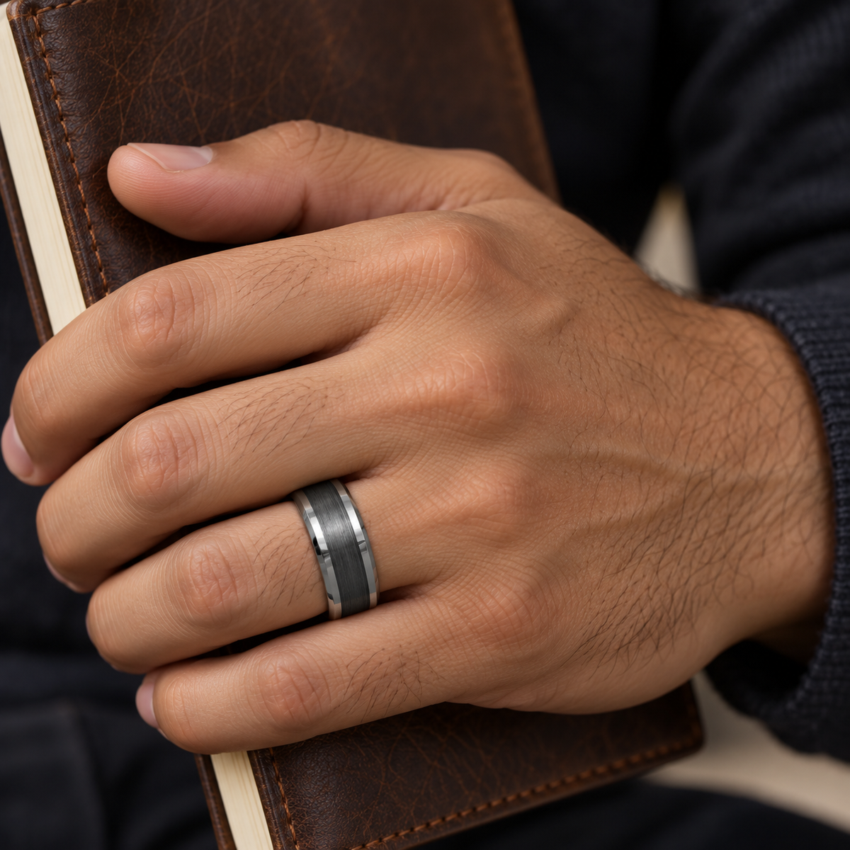 8mm Gunmetal Tungsten Brushed Single-Groove Band worn on hand lifestyle view — TR975