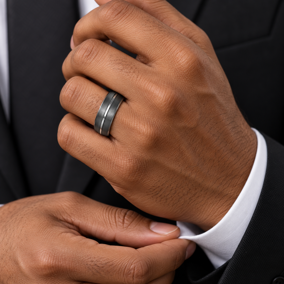 8mm Gunmetal Tungsten Brushed Double-Groove Band worn on hand lifestyle view — TR977