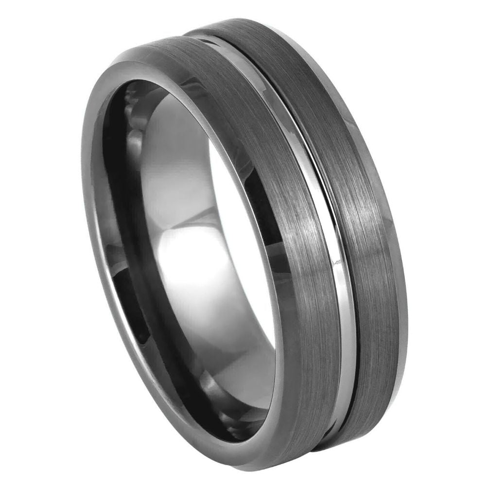 8mm Gunmetal Tungsten Brushed Double-Groove Band on white background