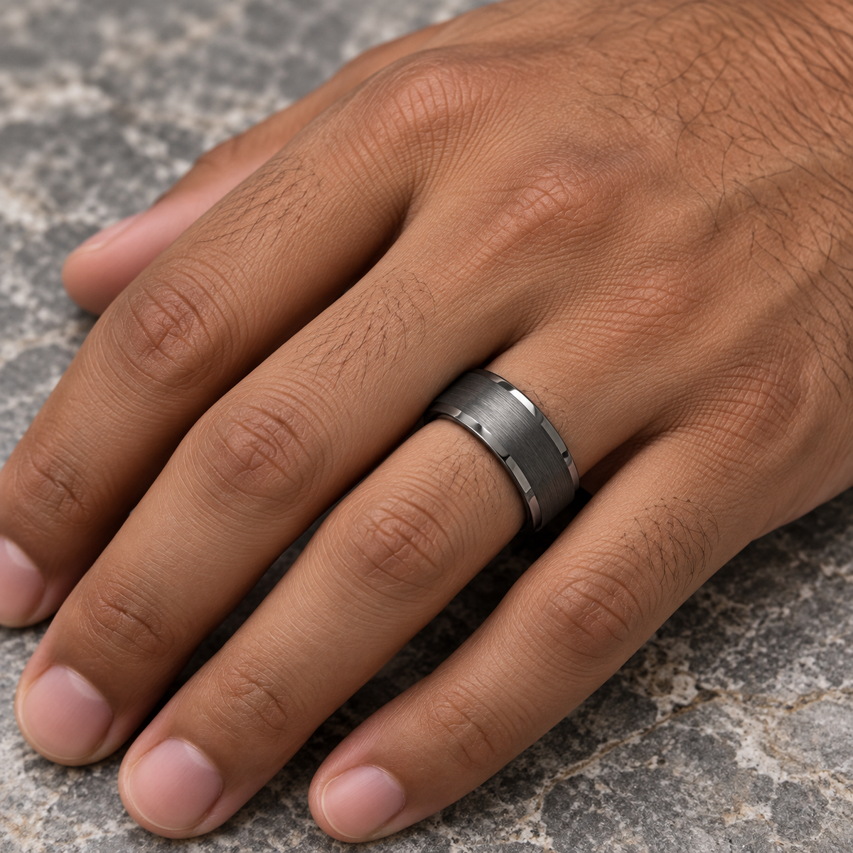 8mm Gunmetal Tungsten Brushed Stepped-Edge Band worn on hand lifestyle view — TR978