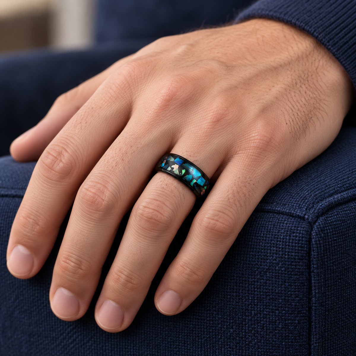 8mm Black Tungsten Band with Galaxy Opal & Abalone Inlay worn on hand lifestyle view — TR979
