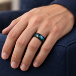 8mm Black Tungsten Band with Galaxy Opal & Abalone Inlay worn on hand lifestyle view — TR979