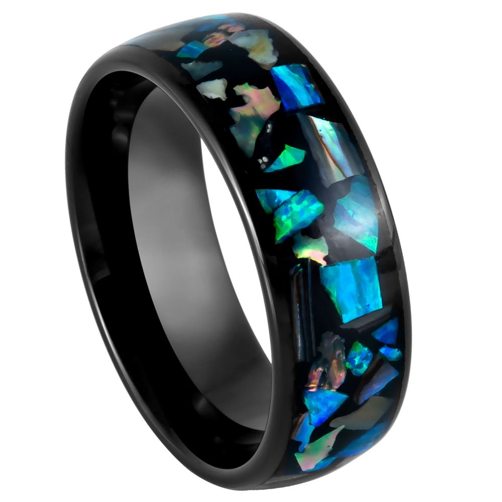 8mm Black Tungsten Band with Galaxy Opal & Abalone Inlay on white background