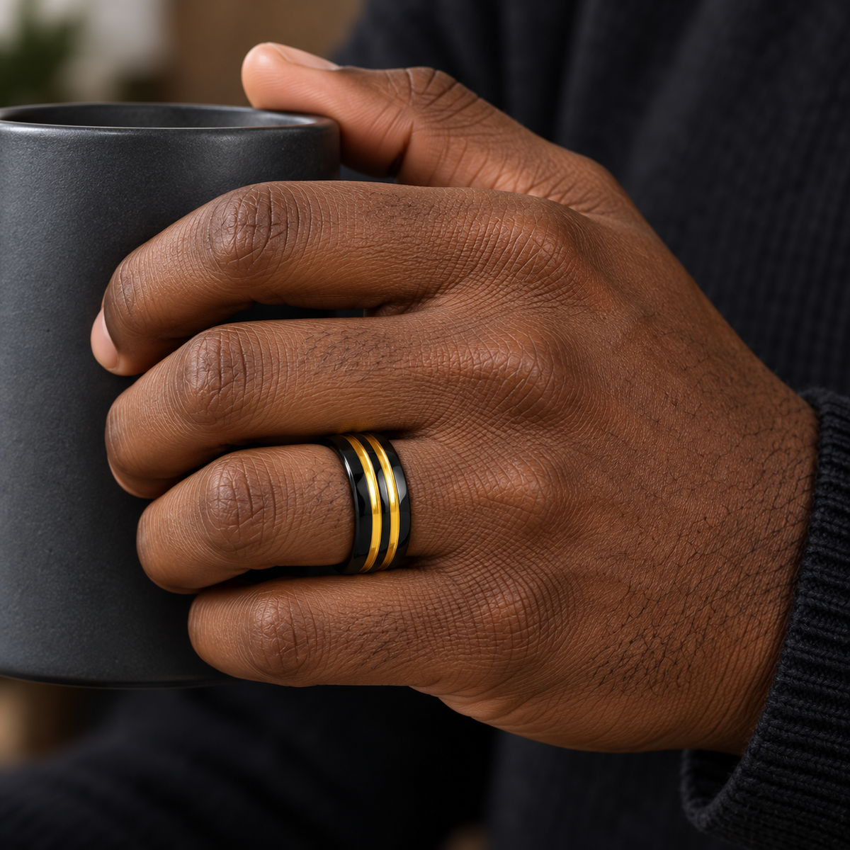 8mm Black & Yellow Tungsten Brushed Double-Groove Band worn on hand lifestyle view — TR980