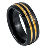 8mm Black & Yellow Tungsten Brushed Double-Groove Band on white background