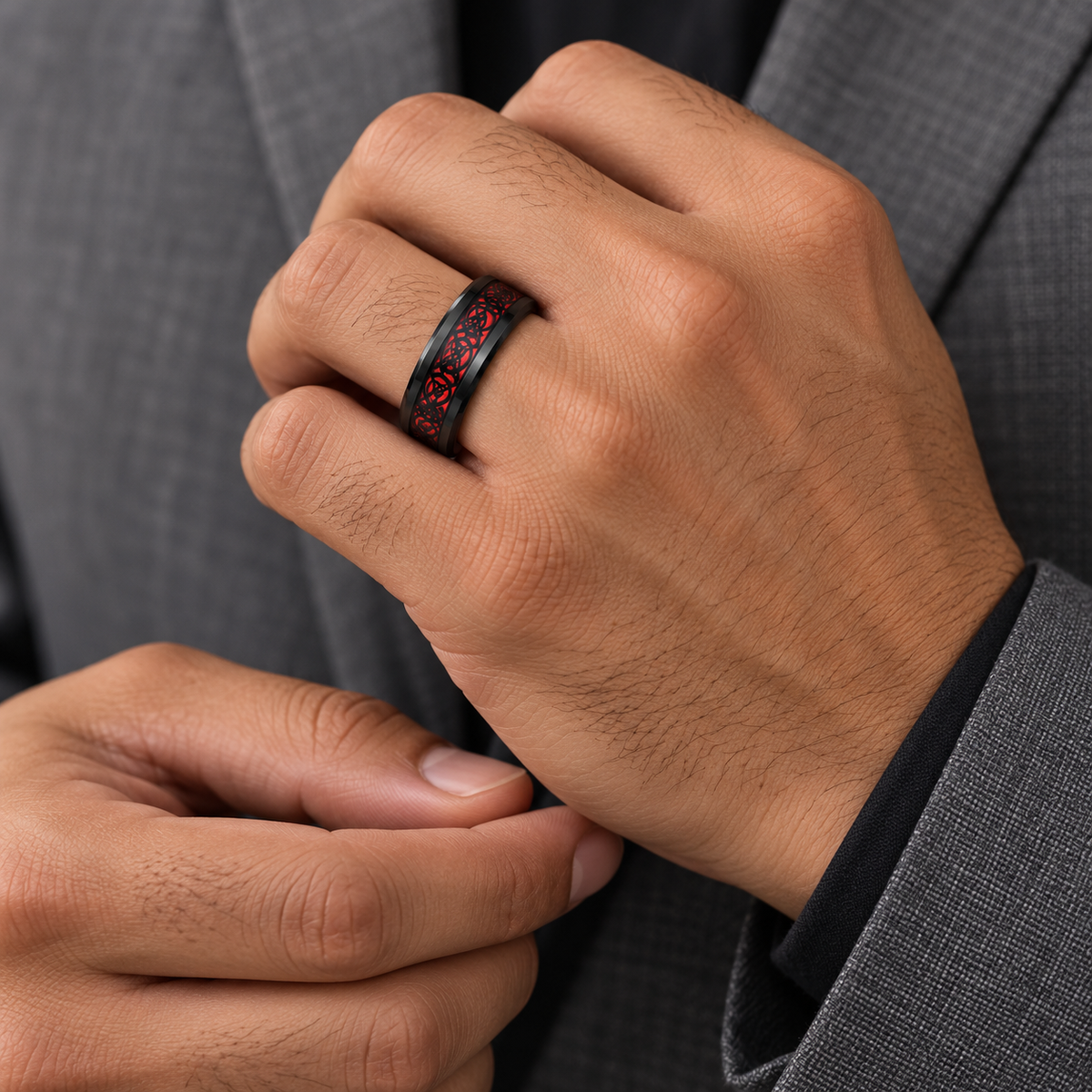 8mm Black Tungsten Celtic Dragon Band with Red Inlay worn on hand lifestyle view — TR983