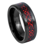 8mm Black Tungsten Celtic Dragon Band with Red Inlay on white background