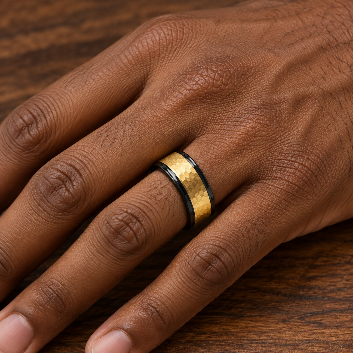 6mm Black & Yellow Tungsten Hammered-Center Band worn on hand lifestyle view — TR984