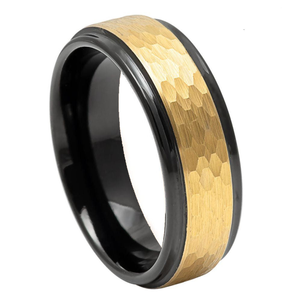 6mm Black & Yellow Tungsten Hammered-Center Band on white background