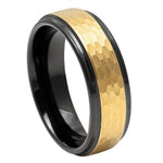 6mm Black & Yellow Tungsten Hammered-Center Band on white background