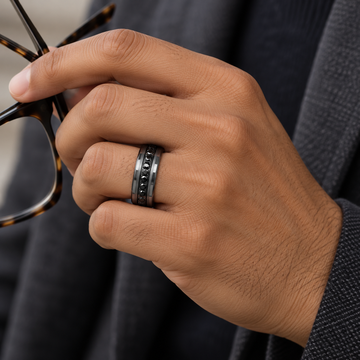 8mm Gunmetal Tungsten Band with Black Diamond worn on hand lifestyle view — TR985
