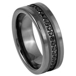 8mm Gunmetal Tungsten Band with Black Diamond Channel on white background