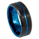 8mm Black & Blue Tungsten Brushed Groove Band on white background