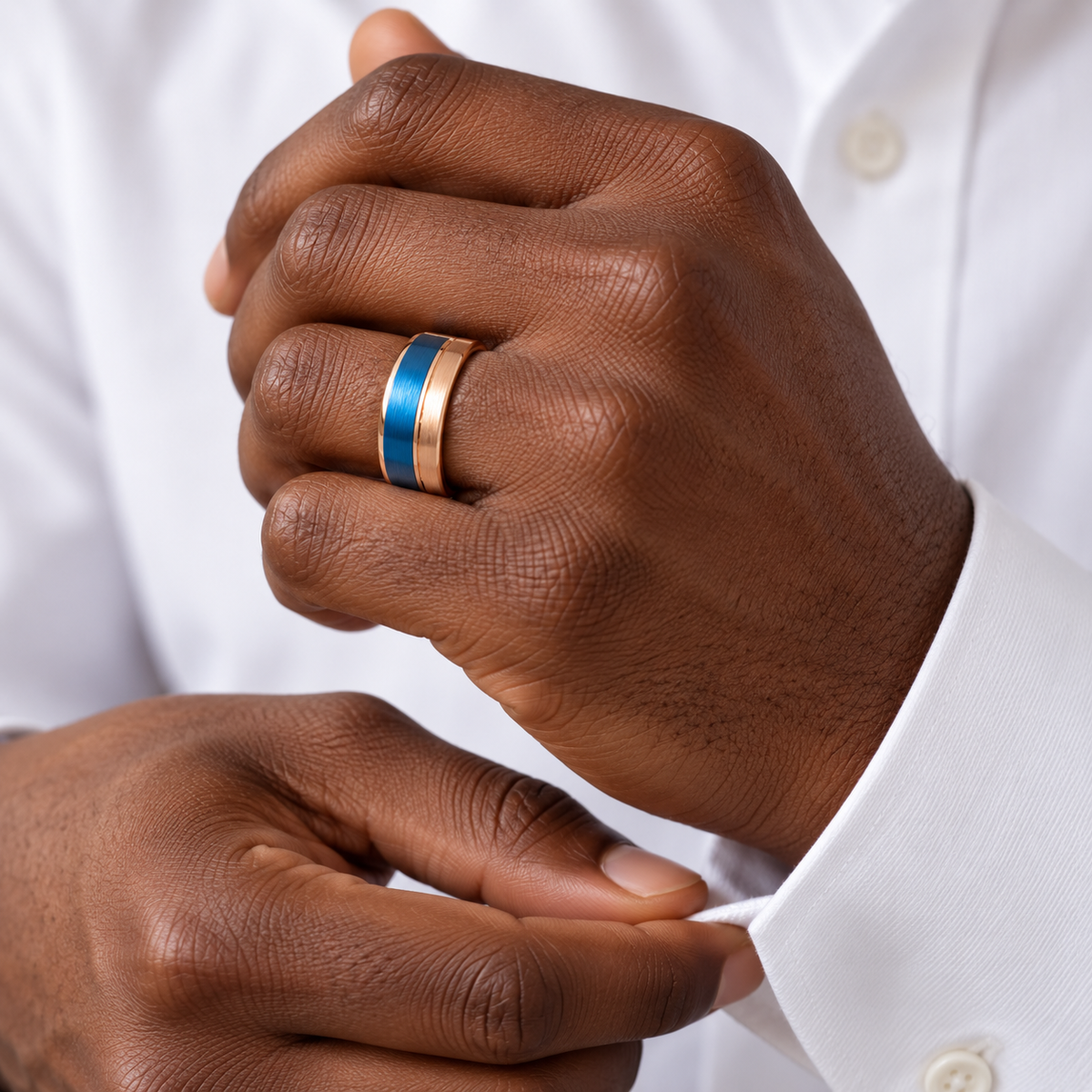 8mm Rose Tungsten Band with Blue Brushed Center worn on hand lifestyle view — TR987