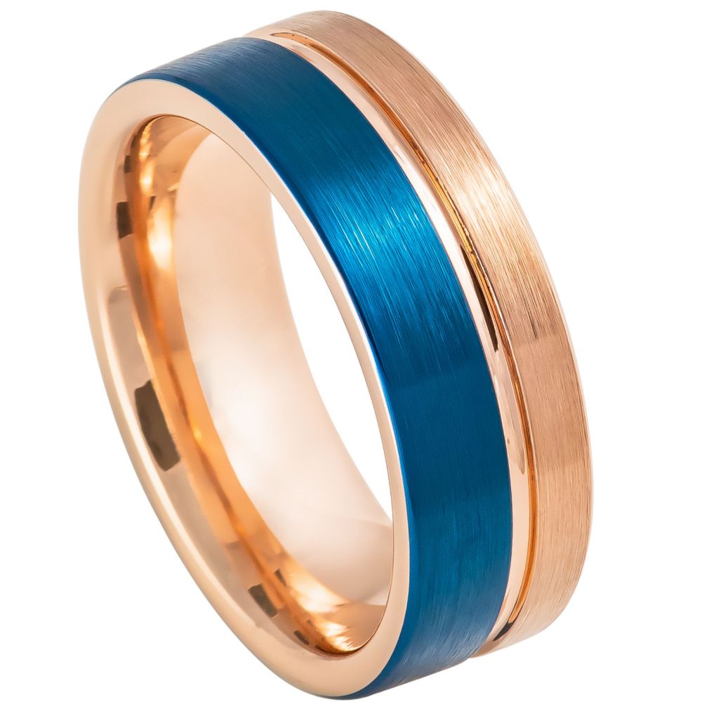 8mm Rose Tungsten Band with Blue Brushed Center on white background