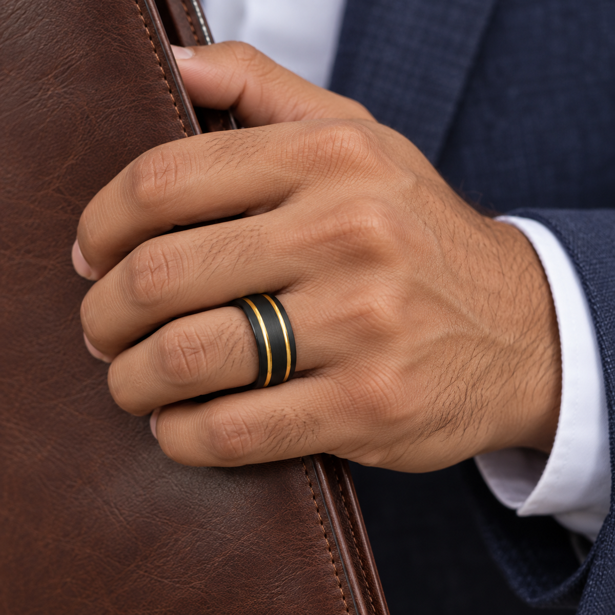 8mm Black & Yellow Tungsten Brushed Double-Groove Band worn on hand lifestyle view — TR988