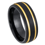 8mm Black & Yellow Tungsten Brushed Double-Groove Band on white background