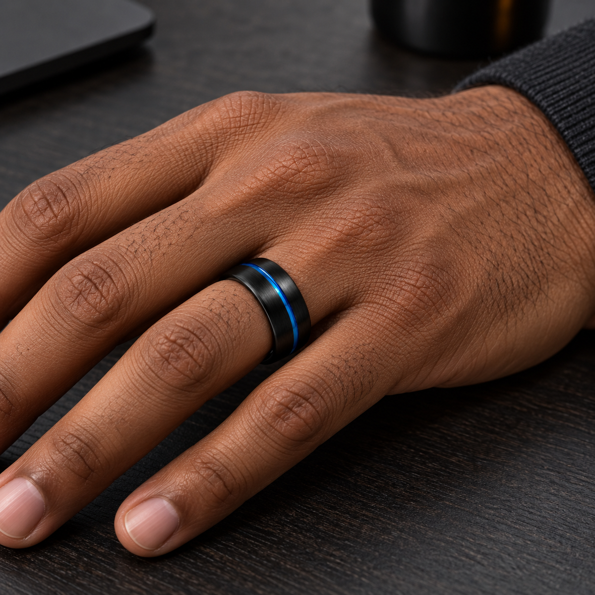8mm Black & Blue Tungsten Brushed Center-Groove Band worn on hand lifestyle view — TR989