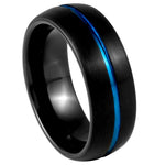 8mm Black & Blue Tungsten Brushed Center-Groove Band on white background