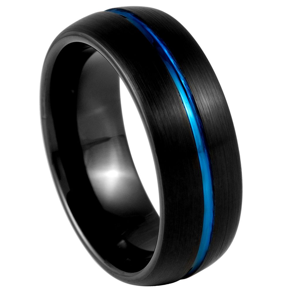 8mm Black & Blue Tungsten Brushed Center-Groove Band on white background