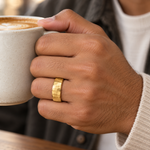 8mm Yellow Tungsten Faceted Hammered Band worn on hand lifestyle view — TR990