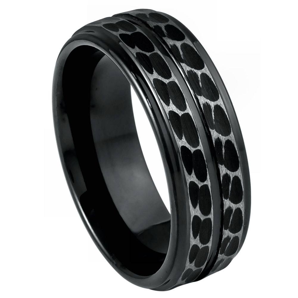 8mm Black Tungsten Dimpled Double-Groove Band on white background