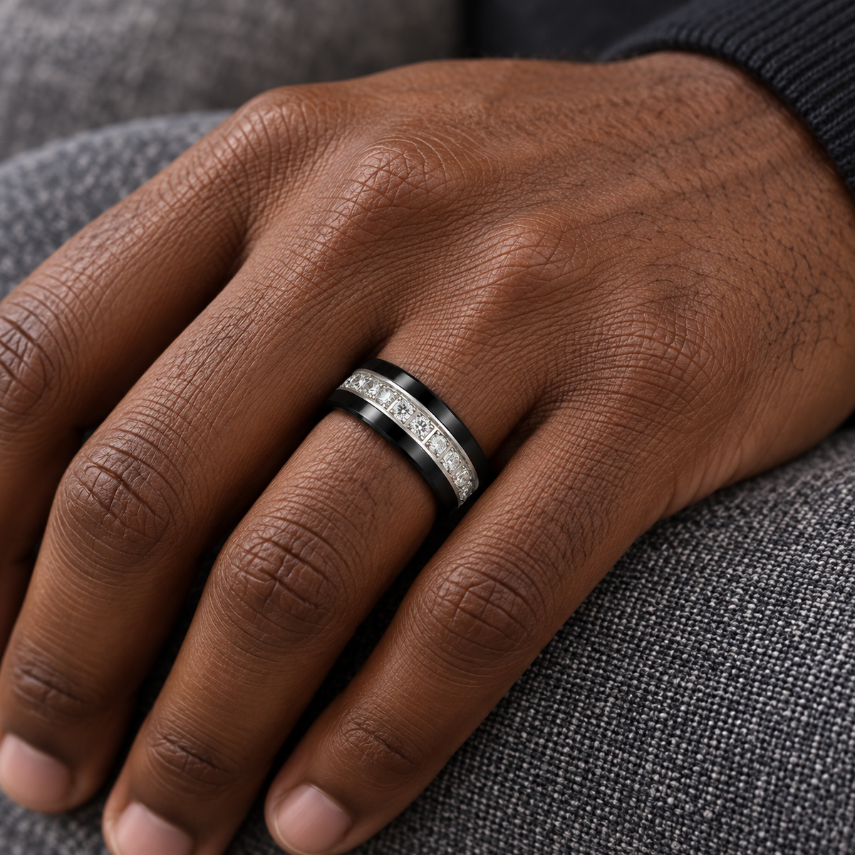 8mm Black Tungsten Band with White Diamond worn on hand lifestyle view — TR992