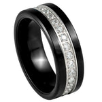 8mm Black Tungsten Band with White Diamond Channel on white background