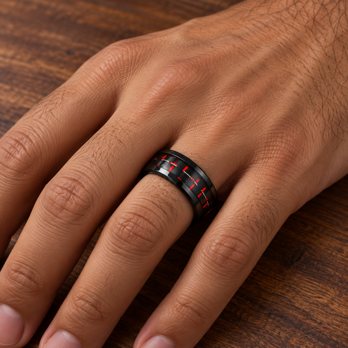 8mm Black Tungsten Band with Red Carbon Fiber Inlay worn on hand lifestyle view — TR993
