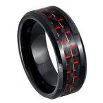 8mm Black Tungsten Band with Red Carbon Fiber Inlay on white background
