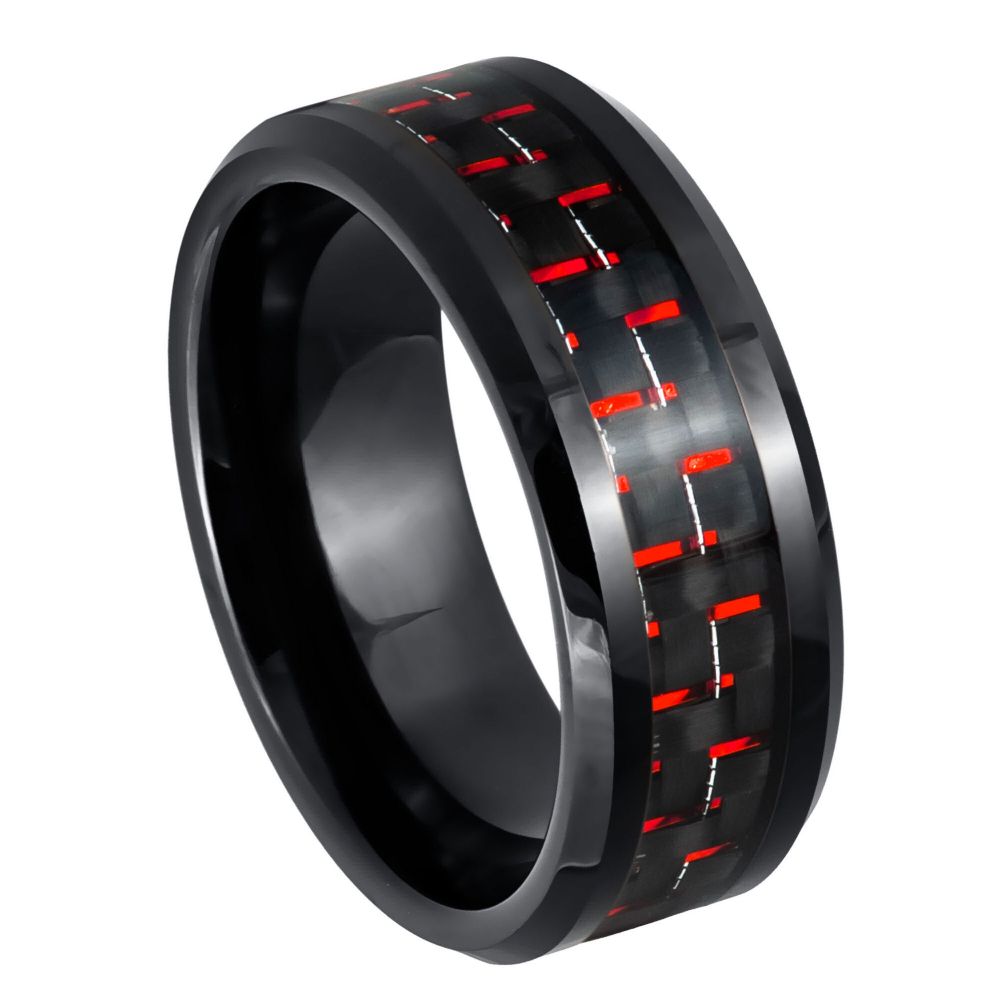 8mm Black Tungsten Band with Red Carbon Fiber Inlay on white background