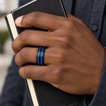 6mm Black & Blue Tungsten Brushed Double-Groove Band worn on hand lifestyle view — TR995