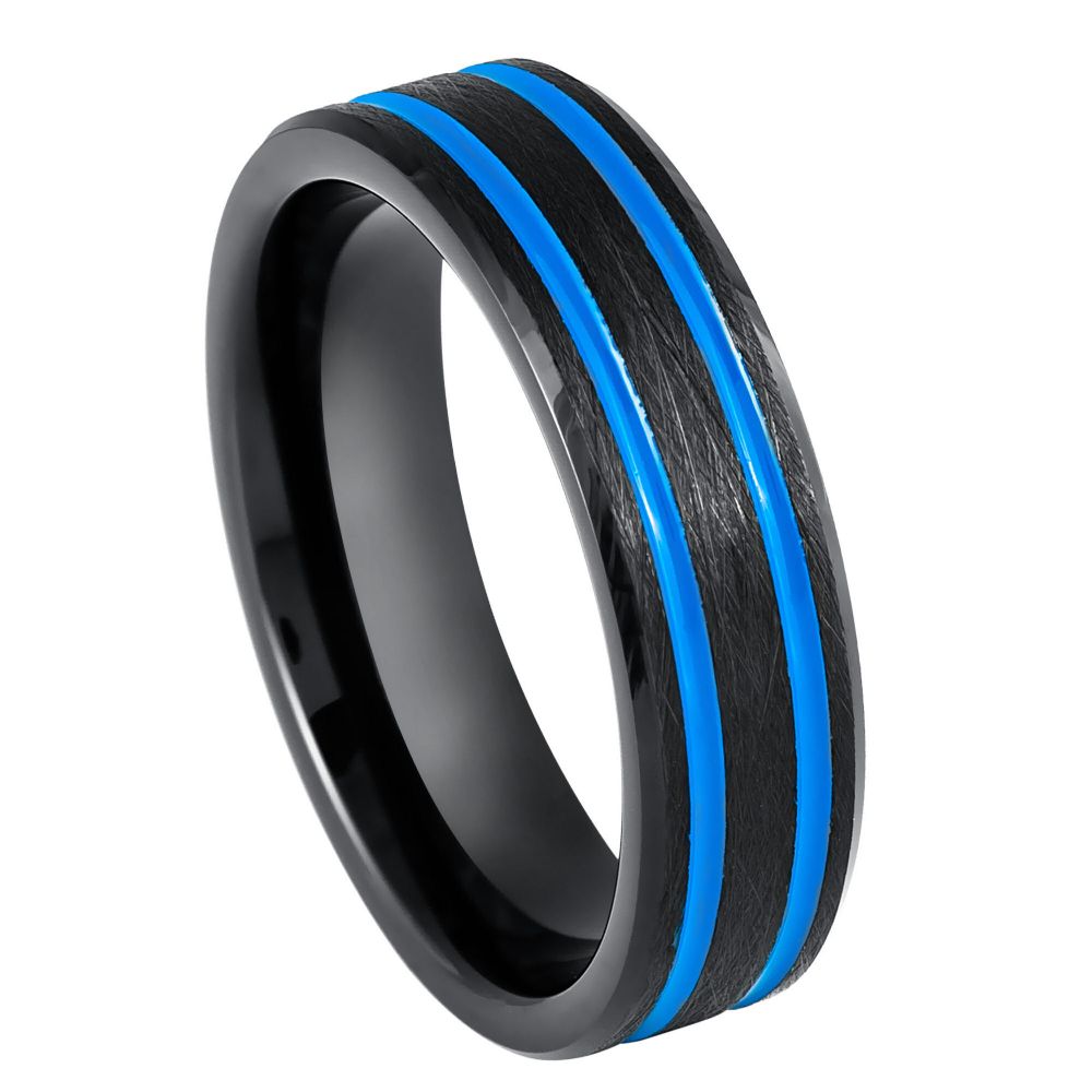 6mm Black & Blue Tungsten Brushed Double-Groove Band on white background