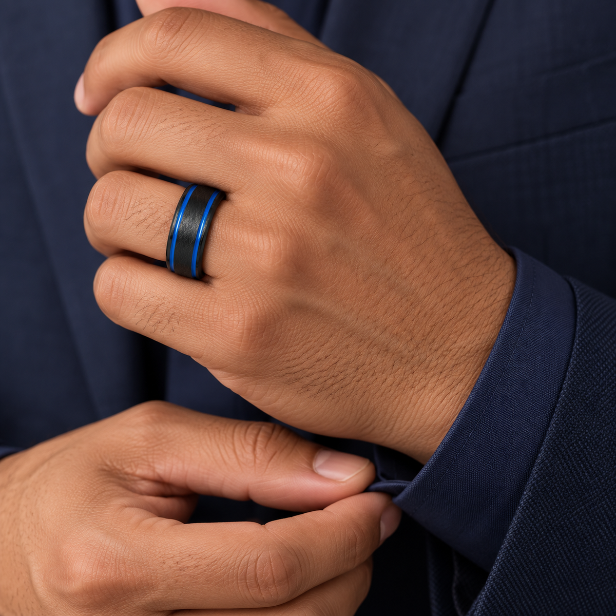 8mm Black & Blue Tungsten Brushed Double-Groove Band worn on hand lifestyle view — TR997