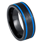 8mm Black & Blue Tungsten Brushed Double-Groove Band on white background